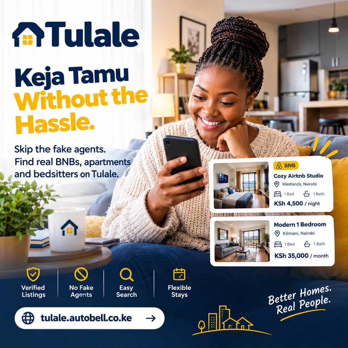 Tulale BnB poster: Keja Tamu Without the Hassle. Skip the fake agents and find real apartments and bedsitters on Tulale. Real listings, no fake agents, easy search. tulale.autobell.co.ke - better homes, real people.